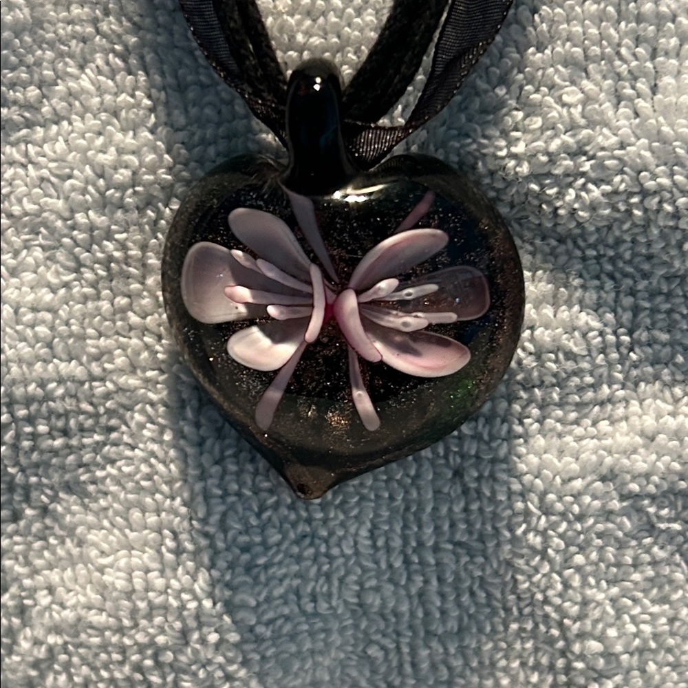 Necklace, Glass with Flowers on Rope and Ribbon